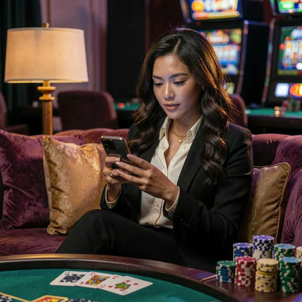 BLASTPH App – Enjoy premium casino gaming anytime on your mobile Stylish Filipino woman relaxing on a sofa while using the BLASTPH casino app with glowing chips and cards creating a premium mobile gaming mood