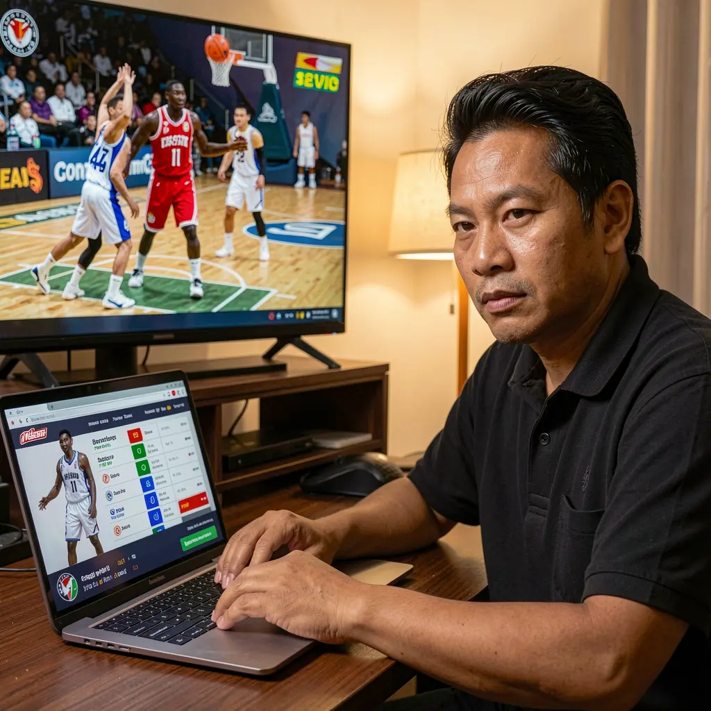 Focused Filipino sports bettor using a laptop at home with live basketball on TV, placing bets through the BLASTPH sports betting platform
