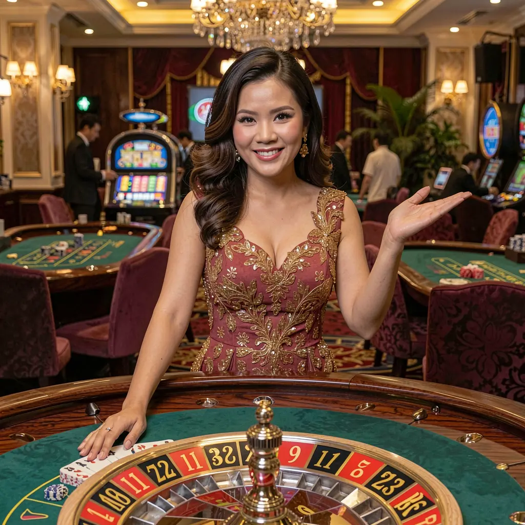 Smiling live casino dealer standing by a roulette table in a luxurious studio atmosphere showcasing the premium live casino experience at BLASTPH for players in the Philippines