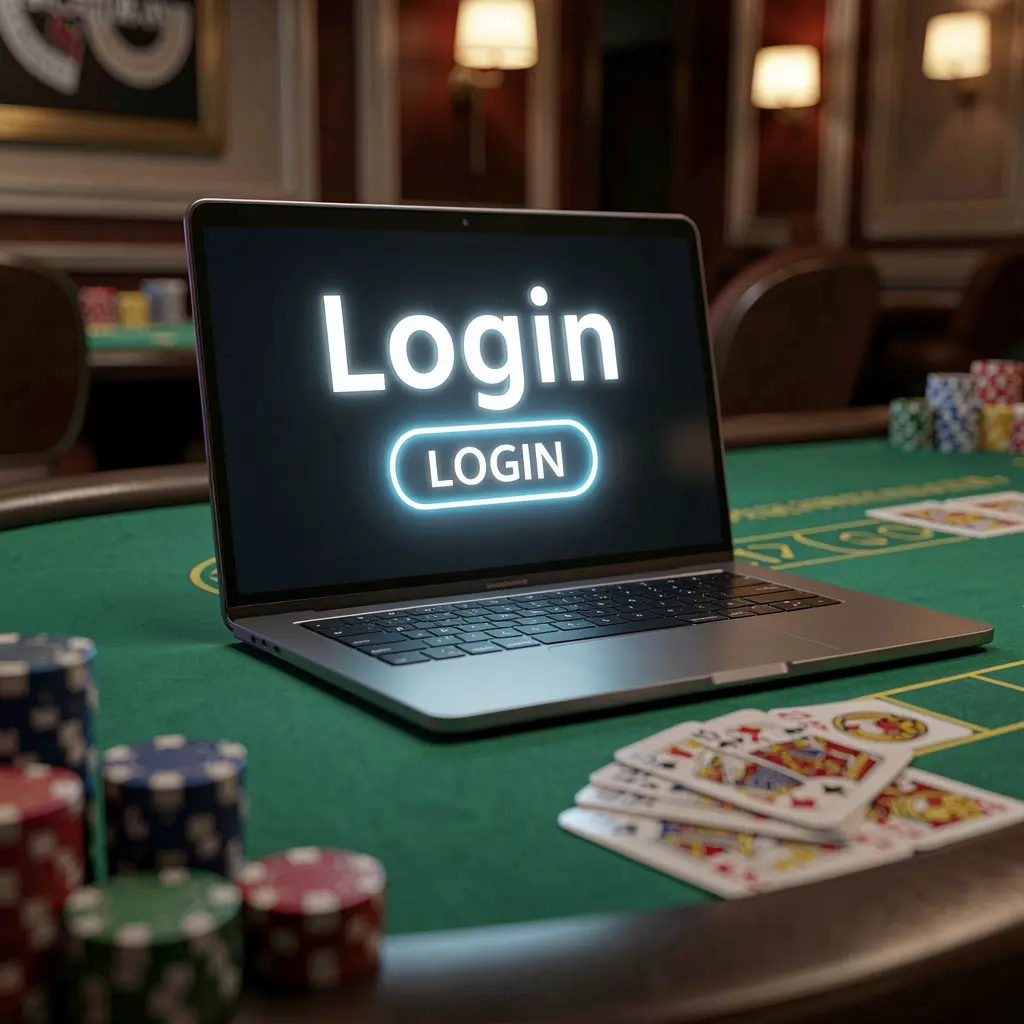 Close-up of an online casino login screen on a laptop surrounded by chips and cards representing secure access to BLASTPH in the Philippines