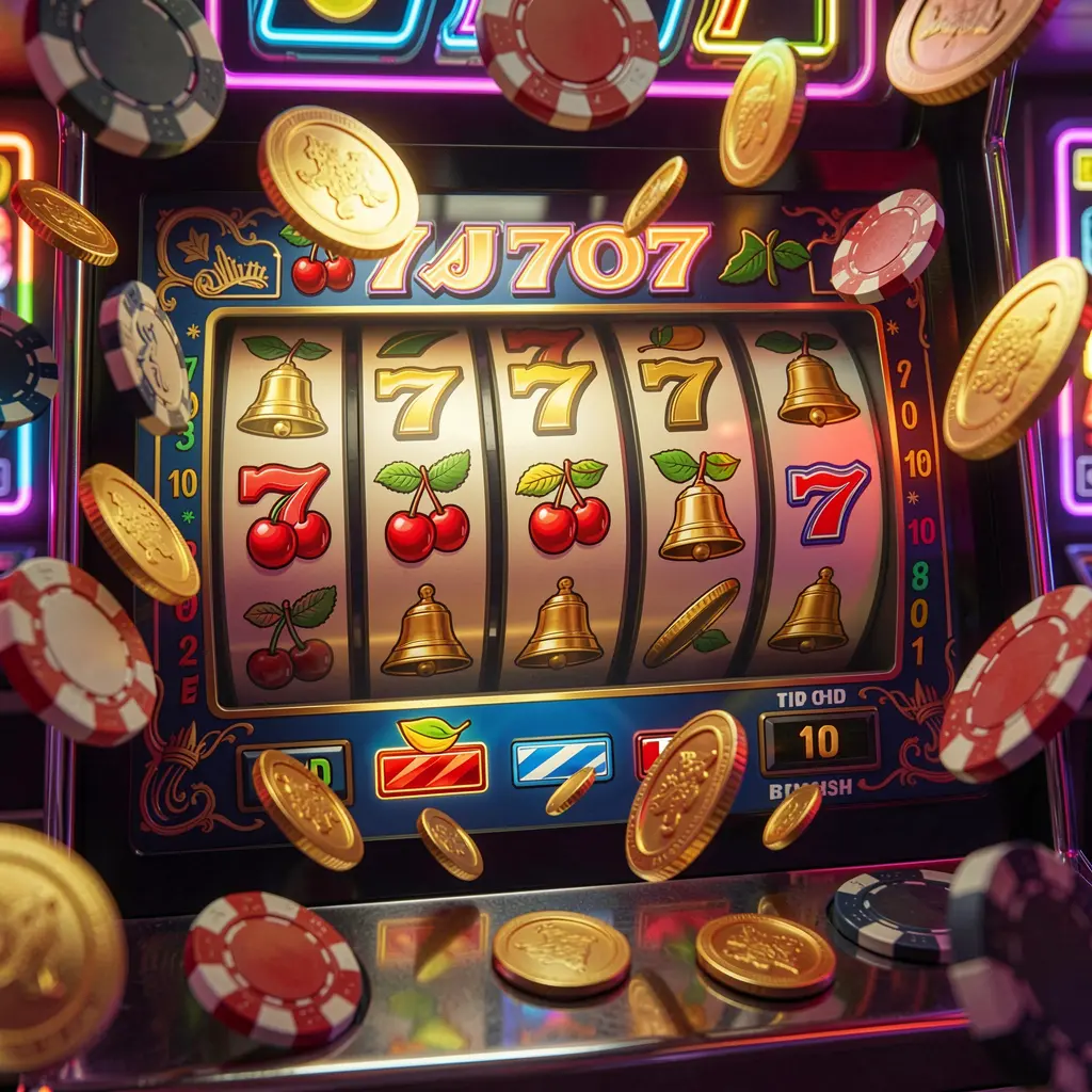 Brightly lit classic slot machine with red sevens and flying casino coins capturing the excitement of winning on BLASTPH slots in the Philippines